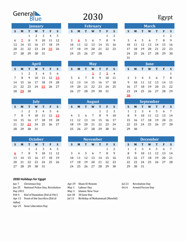 Printable Calendar 2030 with Egypt Holidays (Sunday Start)