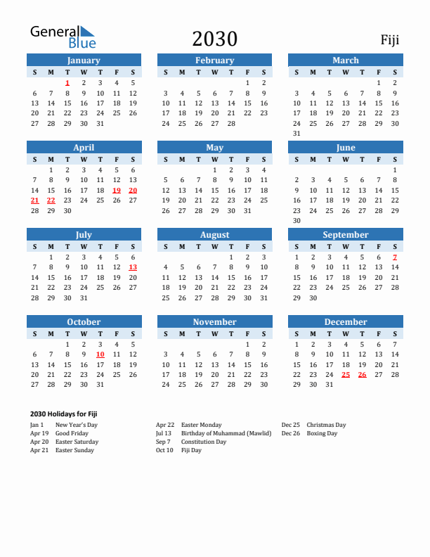 Printable Calendar 2030 with Fiji Holidays (Sunday Start)