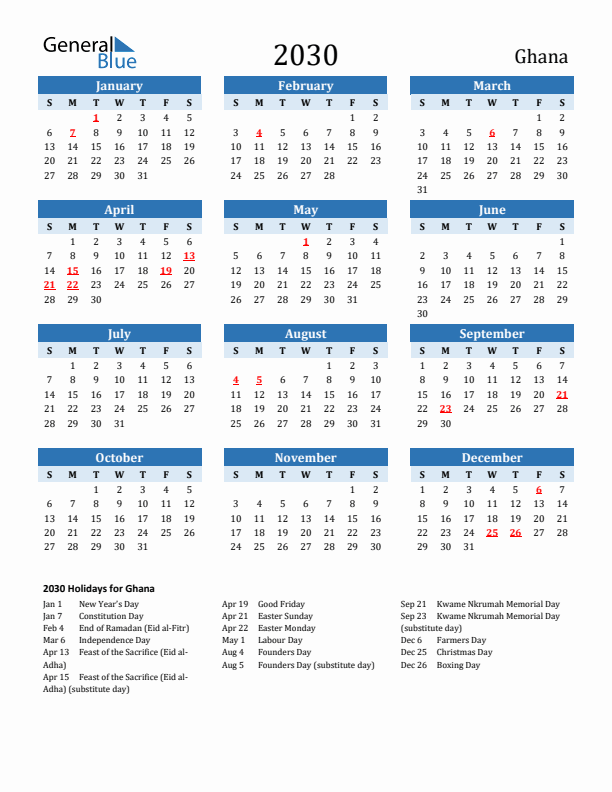 Printable Calendar 2030 with Ghana Holidays (Sunday Start)