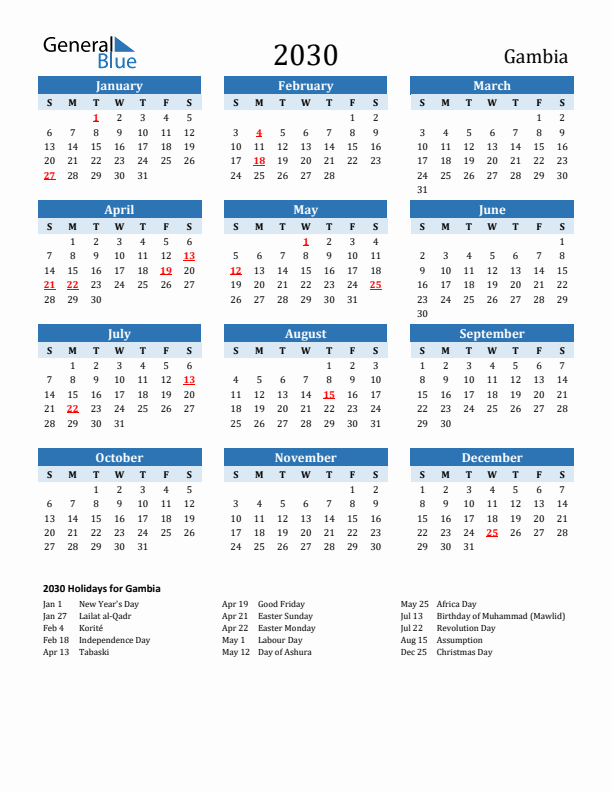 Printable Calendar 2030 with Gambia Holidays (Sunday Start)