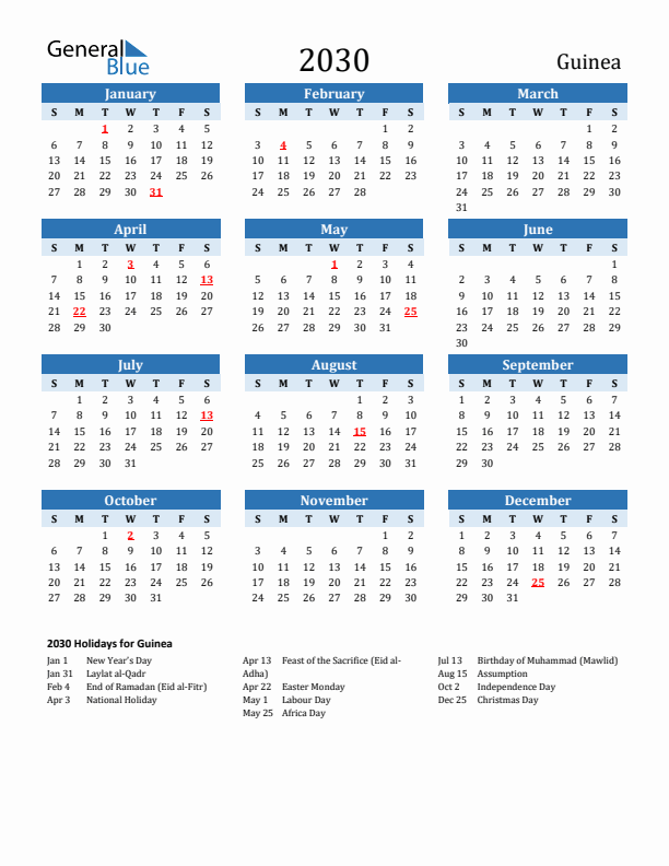 Printable Calendar 2030 with Guinea Holidays (Sunday Start)