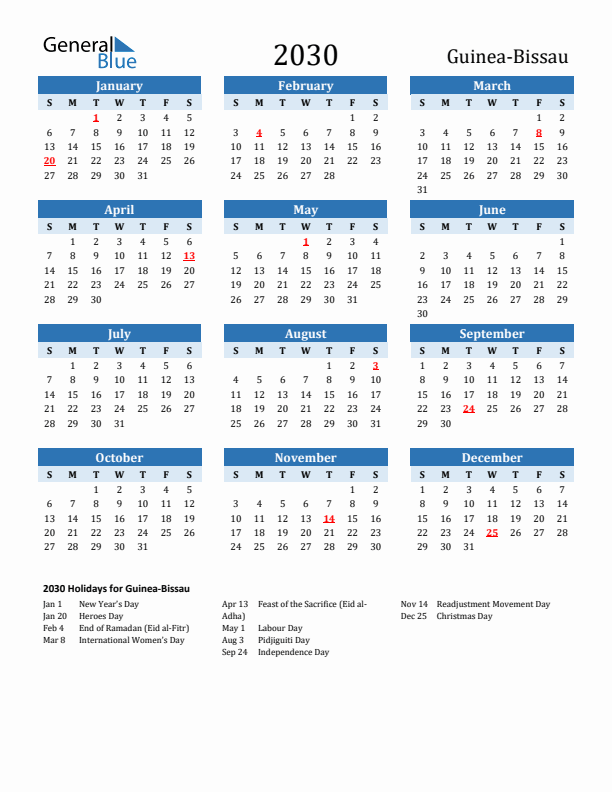 Printable Calendar 2030 with Guinea-Bissau Holidays (Sunday Start)