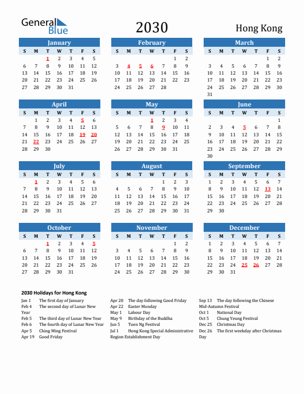 Printable Calendar 2030 with Hong Kong Holidays (Sunday Start)