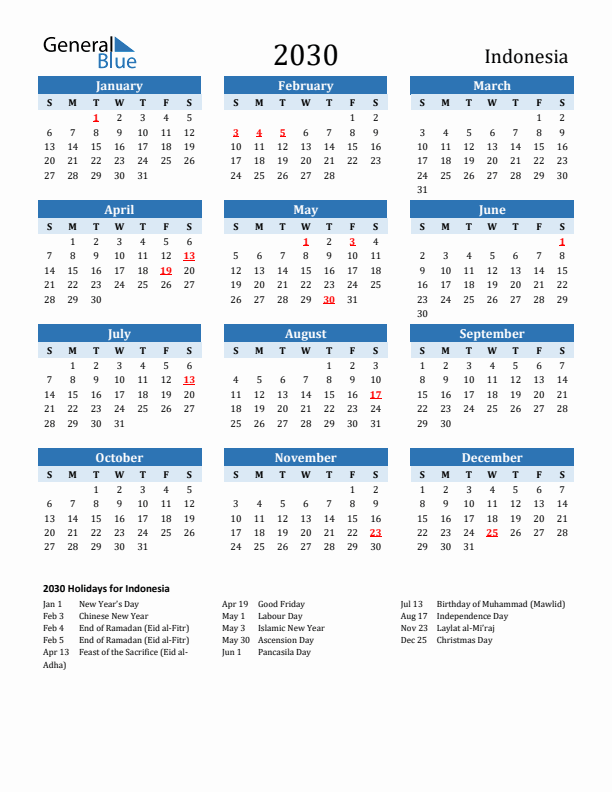 Printable Calendar 2030 with Indonesia Holidays (Sunday Start)