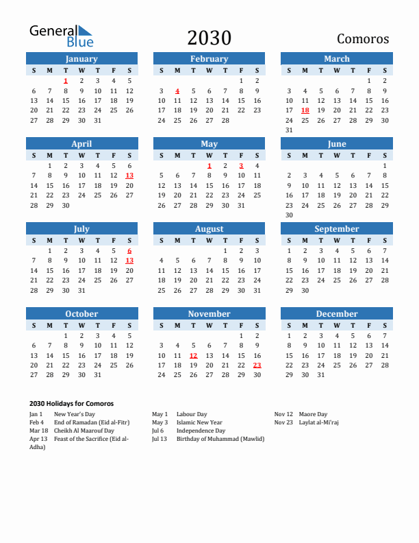 Printable Calendar 2030 with Comoros Holidays (Sunday Start)