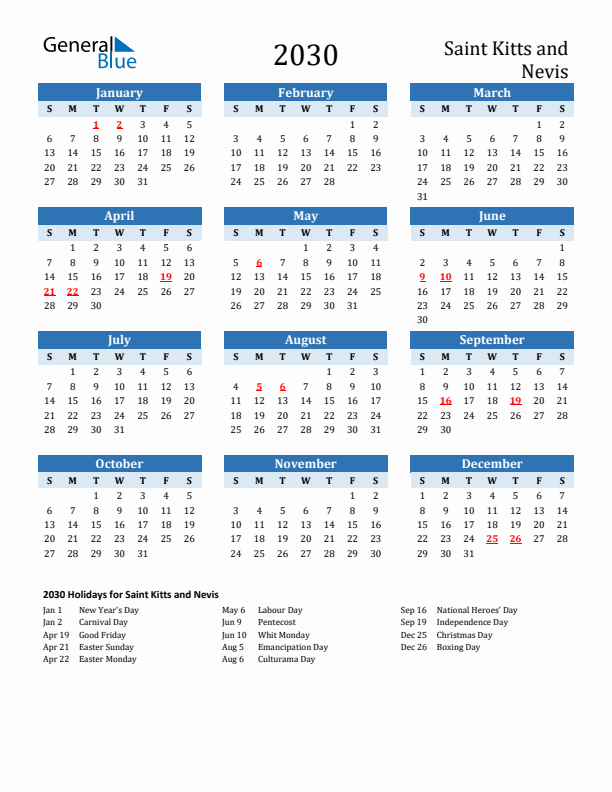 Printable Calendar 2030 with Saint Kitts and Nevis Holidays (Sunday Start)