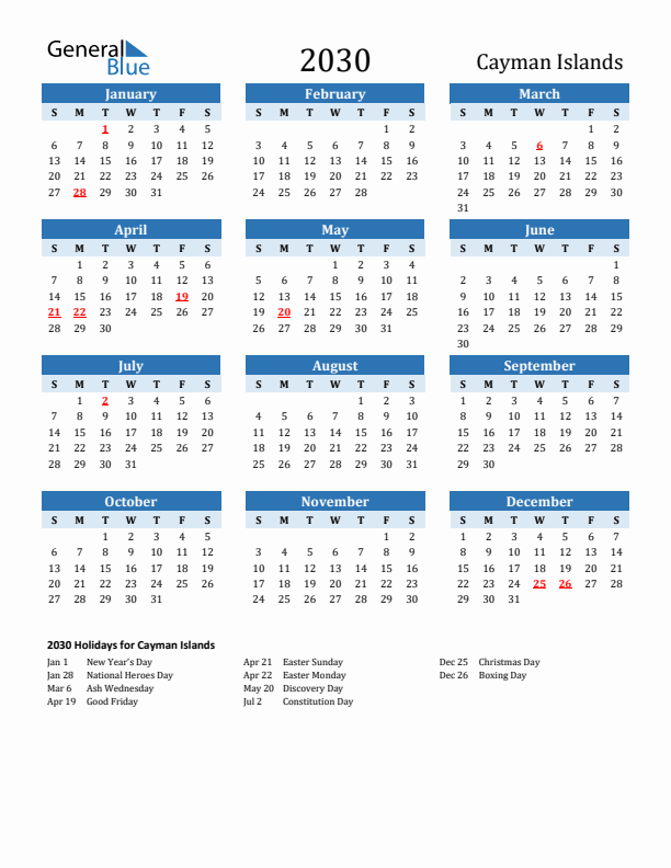 Printable Calendar 2030 with Cayman Islands Holidays (Sunday Start)