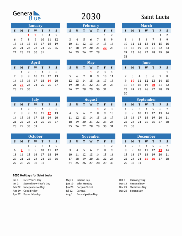Printable Calendar 2030 with Saint Lucia Holidays (Sunday Start)