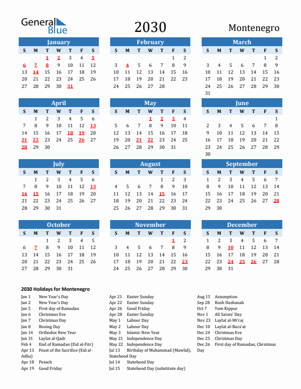 Printable Calendar 2030 with Montenegro Holidays (Sunday Start)