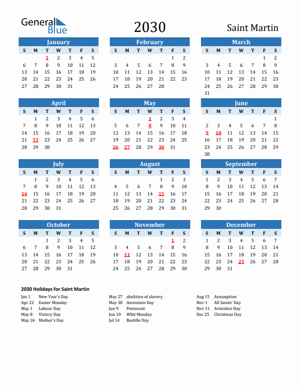 Printable Calendar 2030 with Saint Martin Holidays (Sunday Start)