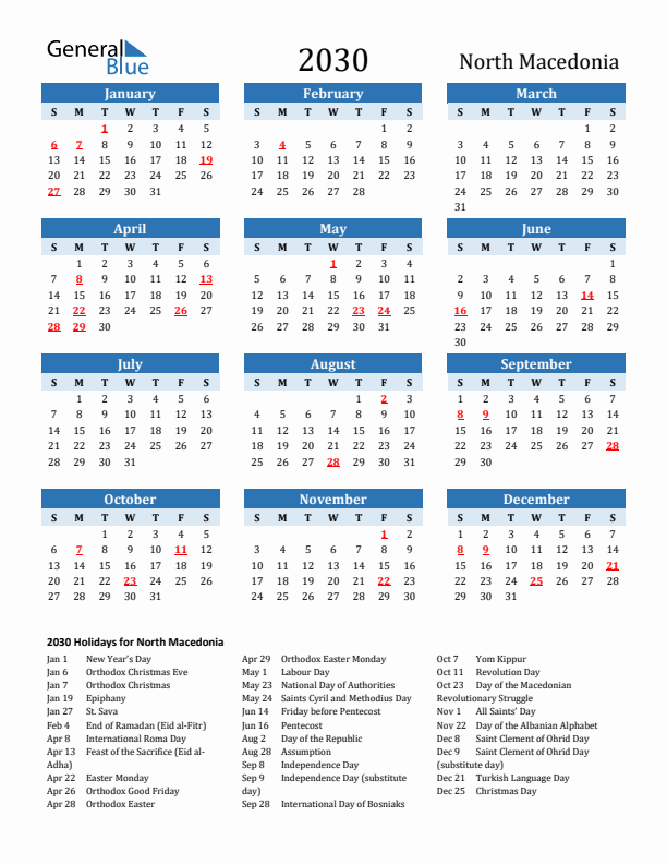 Printable Calendar 2030 with North Macedonia Holidays (Sunday Start)