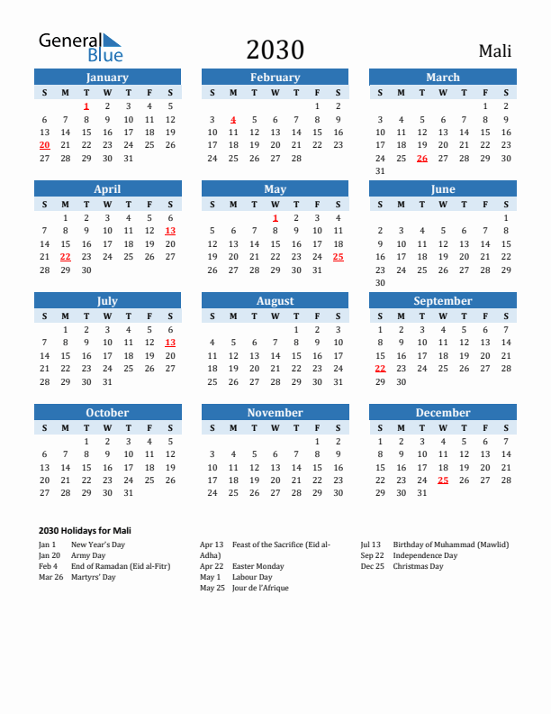 Printable Calendar 2030 with Mali Holidays (Sunday Start)