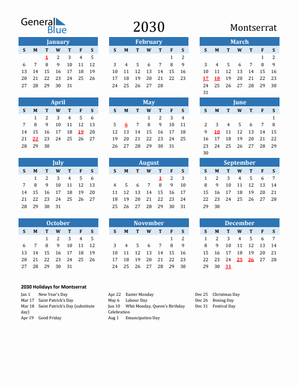 Printable Calendar 2030 with Montserrat Holidays (Sunday Start)