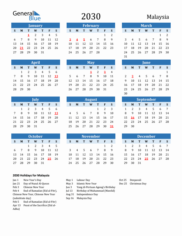 Printable Calendar 2030 with Malaysia Holidays (Sunday Start)