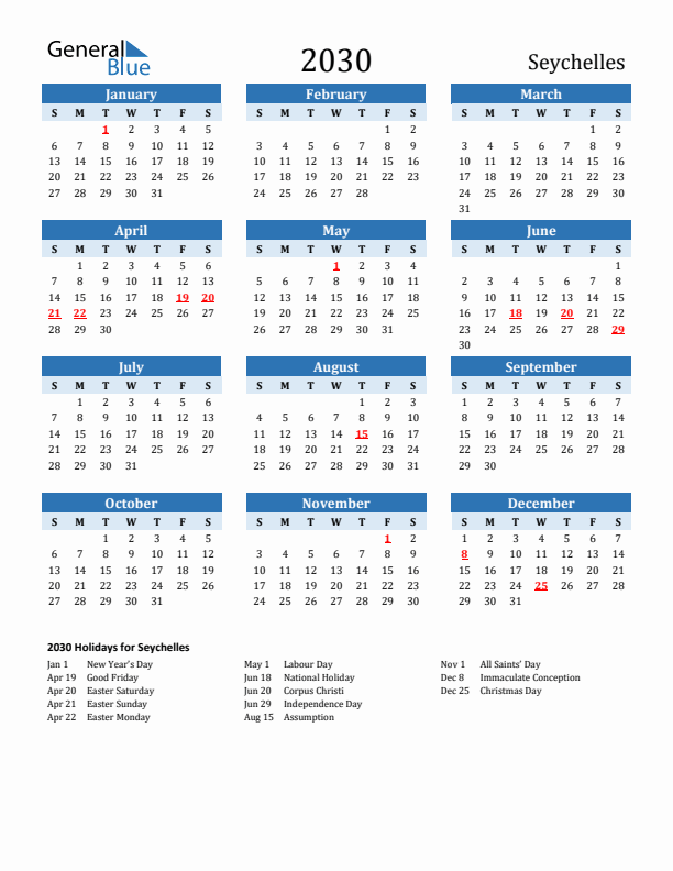 Printable Calendar 2030 with Seychelles Holidays (Sunday Start)