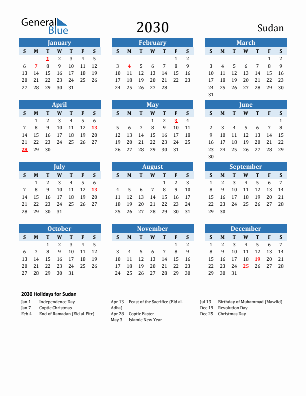 Printable Calendar 2030 with Sudan Holidays (Sunday Start)