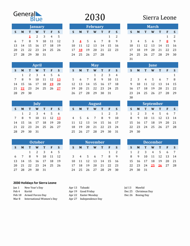 Printable Calendar 2030 with Sierra Leone Holidays (Sunday Start)