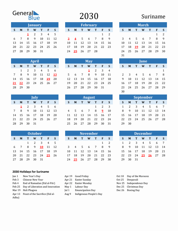 Printable Calendar 2030 with Suriname Holidays (Sunday Start)