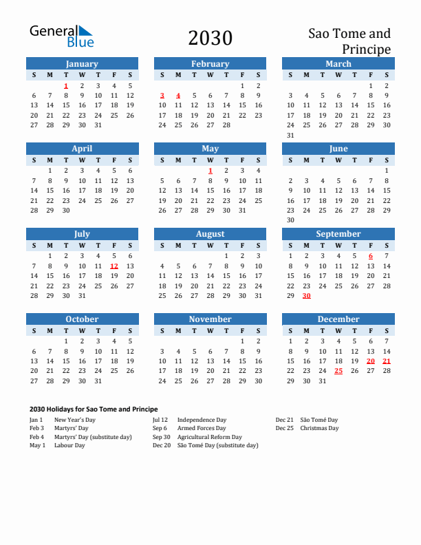 Printable Calendar 2030 with Sao Tome and Principe Holidays (Sunday Start)