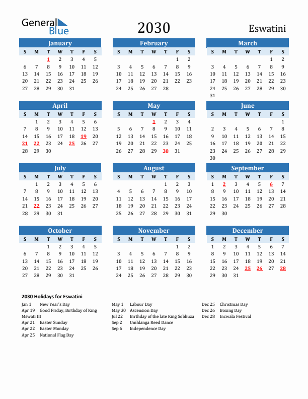 Printable Calendar 2030 with Eswatini Holidays (Sunday Start)