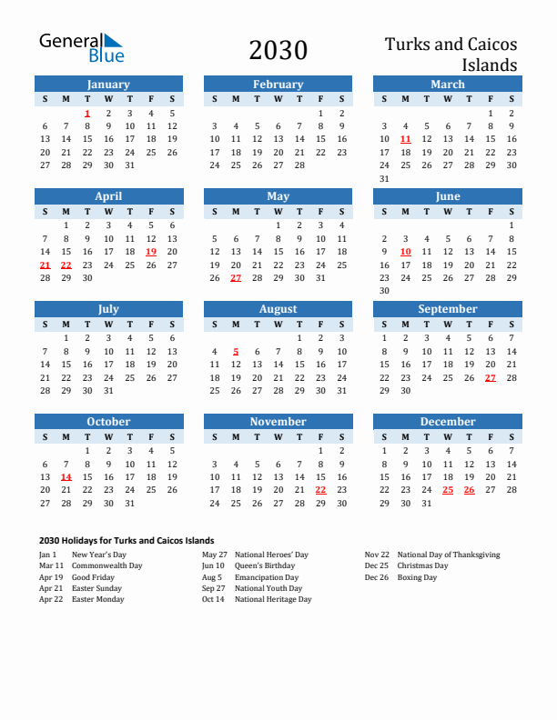 Printable Calendar 2030 with Turks and Caicos Islands Holidays (Sunday Start)