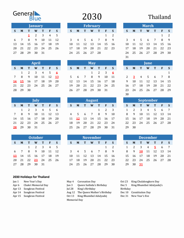 Printable Calendar 2030 with Thailand Holidays (Sunday Start)