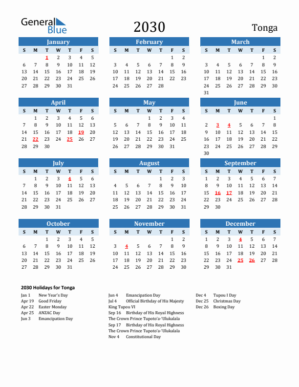 Printable Calendar 2030 with Tonga Holidays (Sunday Start)