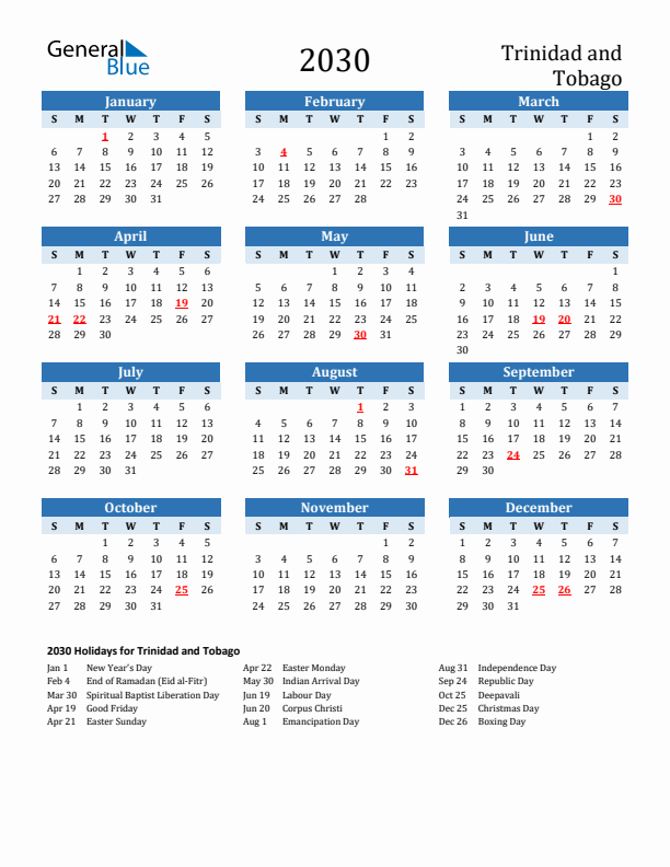 Printable Calendar 2030 with Trinidad and Tobago Holidays (Sunday Start)