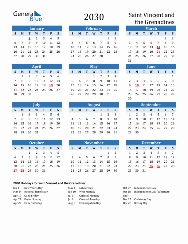 Printable Calendar 2030 with Saint Vincent and the Grenadines Holidays (Sunday Start)