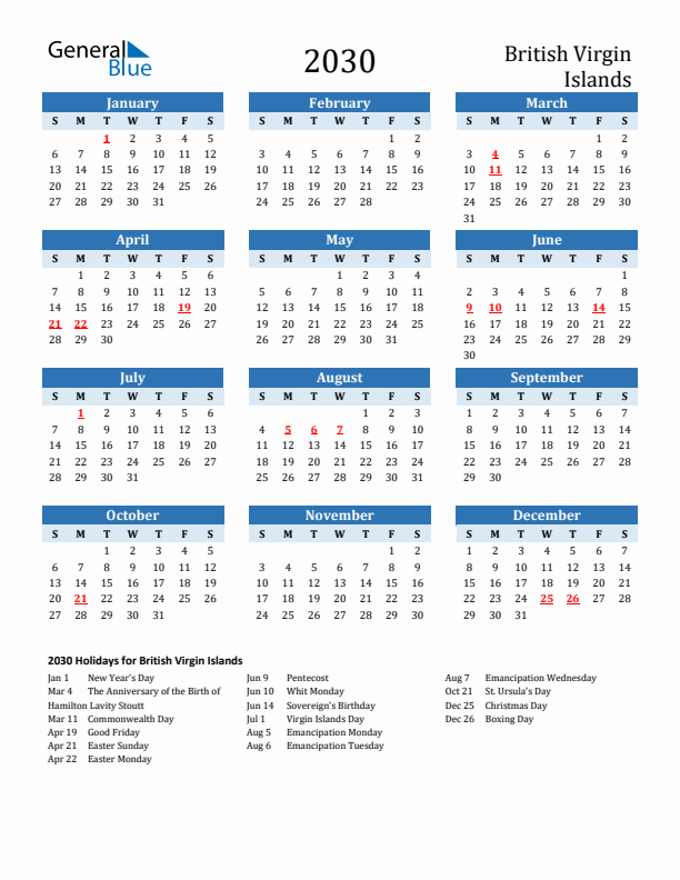 Printable Calendar 2030 with British Virgin Islands Holidays (Sunday Start)