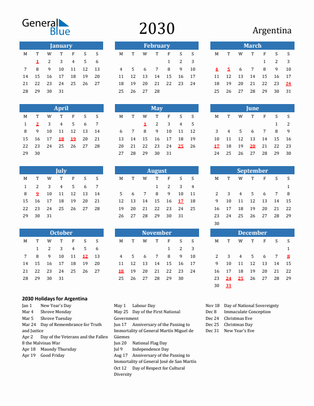 Argentina 2030 Calendar with Holidays