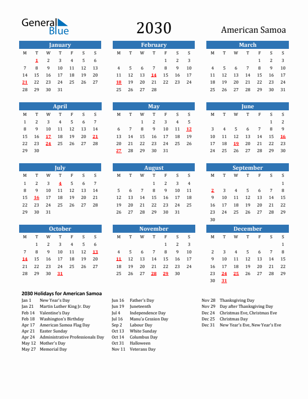 American Samoa 2030 Calendar with Holidays