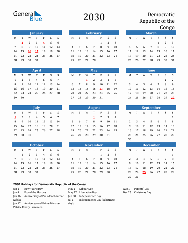 Democratic Republic of the Congo 2030 Calendar with Holidays