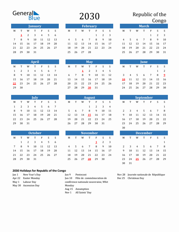 Republic of the Congo 2030 Calendar with Holidays
