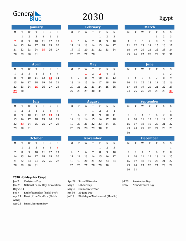 Egypt 2030 Calendar with Holidays