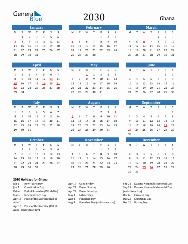 Ghana 2030 Calendar with Holidays