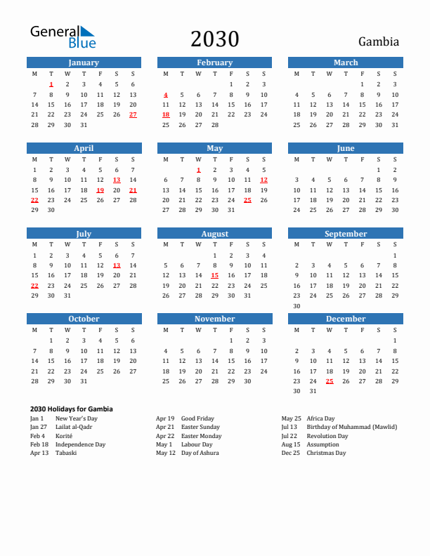 Gambia 2030 Calendar with Holidays