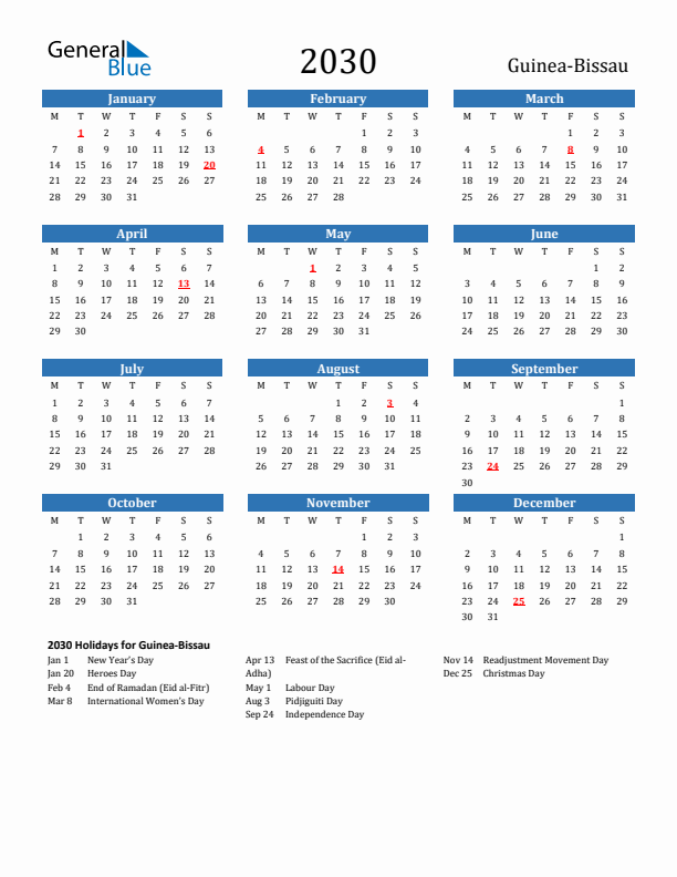 Guinea-Bissau 2030 Calendar with Holidays
