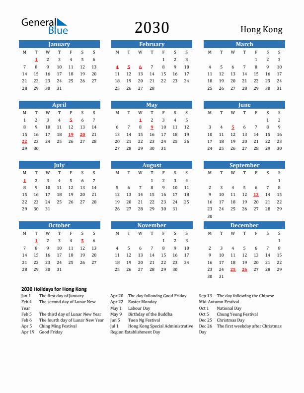 Hong Kong 2030 Calendar with Holidays