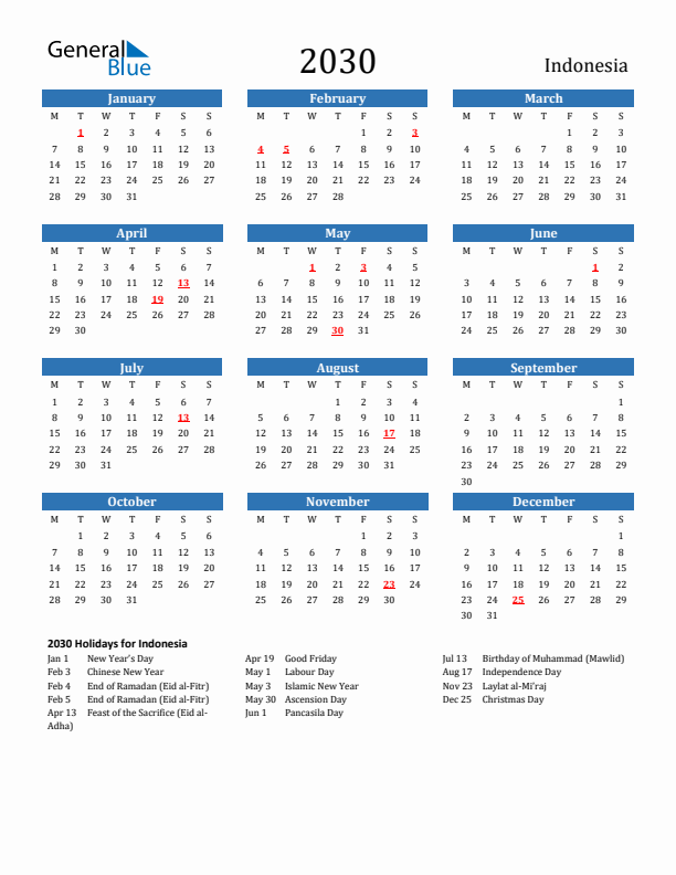 Indonesia 2030 Calendar with Holidays