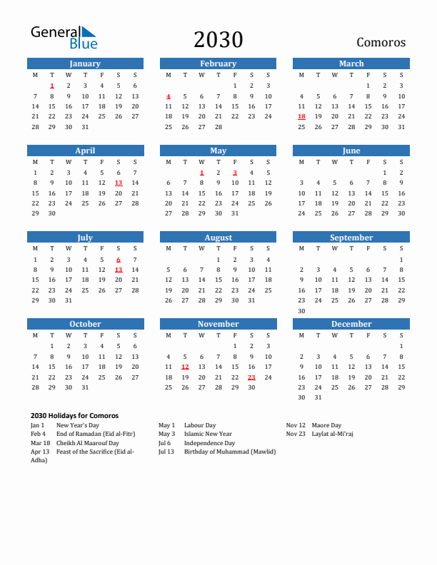 Comoros 2030 Calendar with Holidays