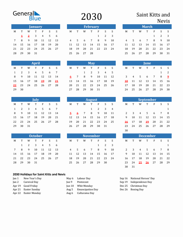 Saint Kitts and Nevis 2030 Calendar with Holidays