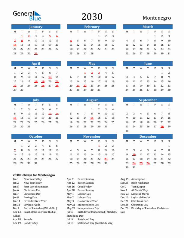 Montenegro 2030 Calendar with Holidays