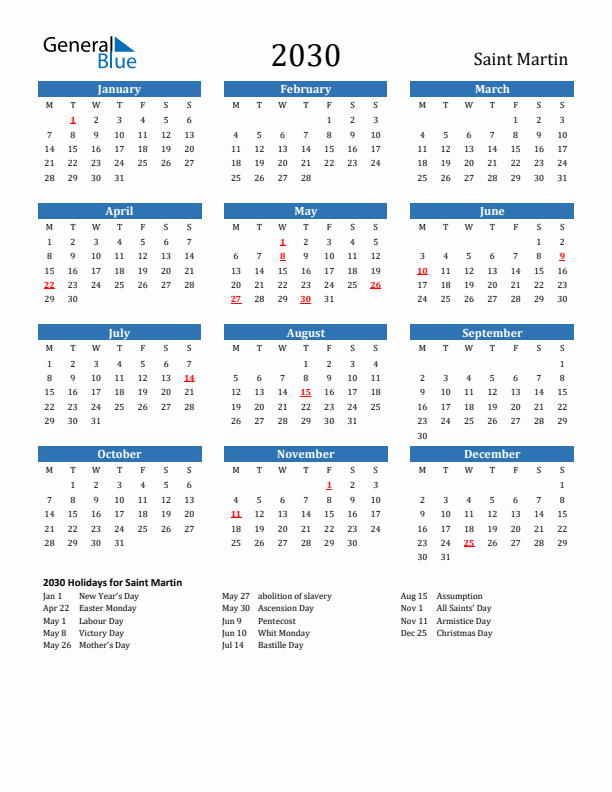 Saint Martin 2030 Calendar with Holidays