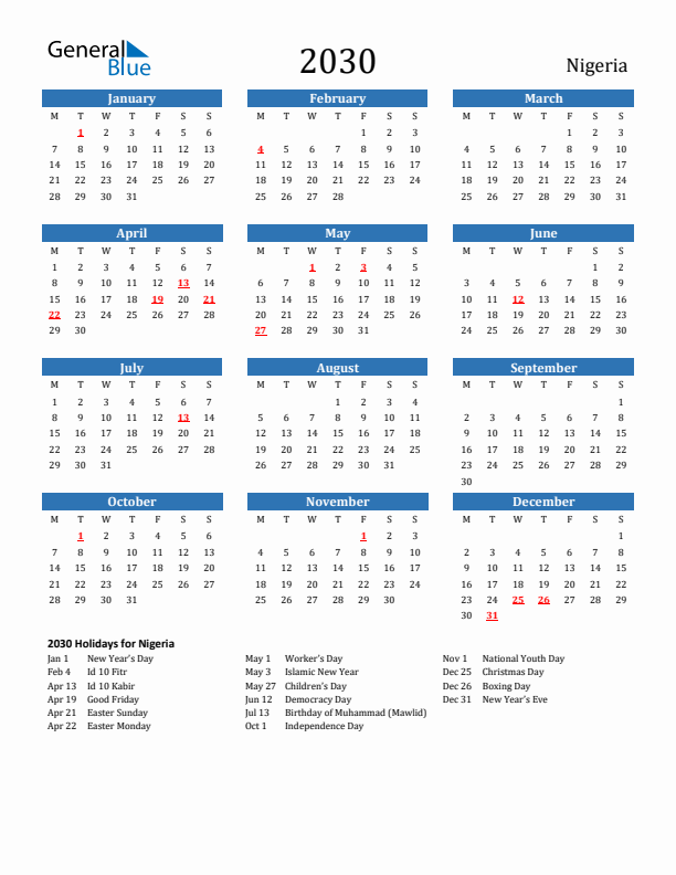 Nigeria 2030 Calendar with Holidays