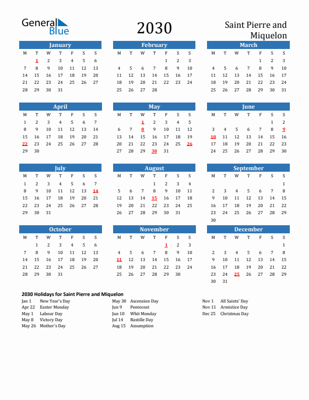 Saint Pierre and Miquelon 2030 Calendar with Holidays