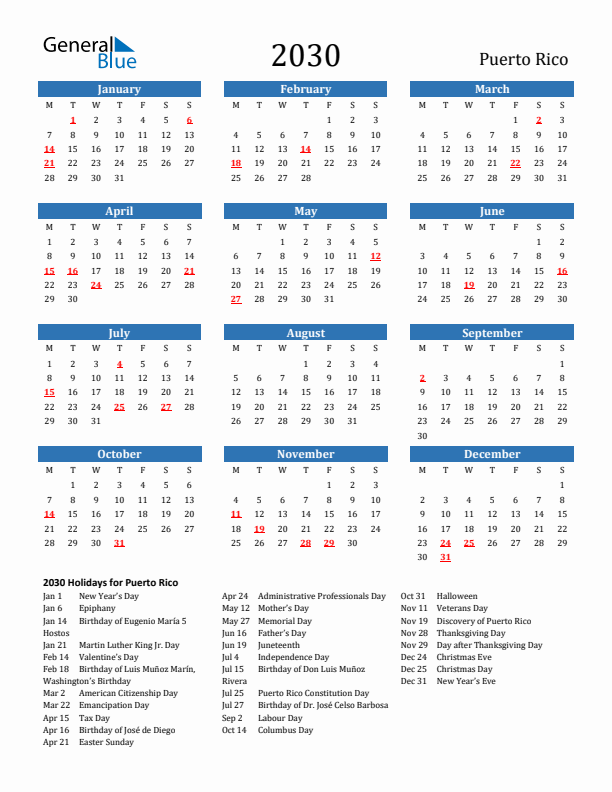 Puerto Rico 2030 Calendar with Holidays