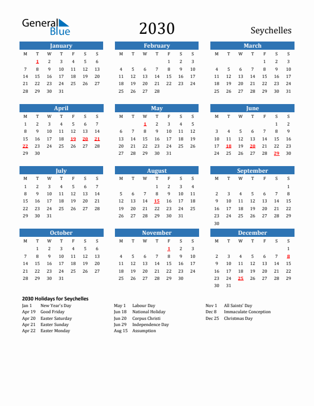 Seychelles 2030 Calendar with Holidays