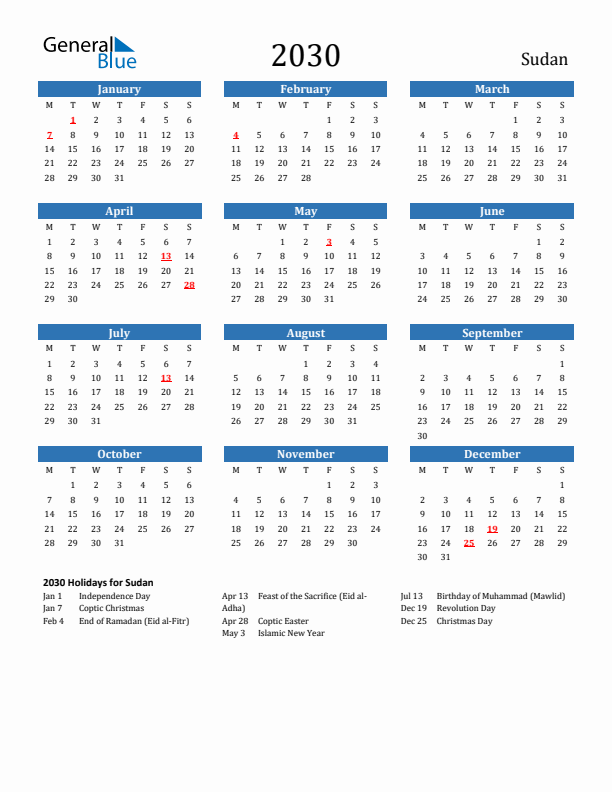 Sudan 2030 Calendar with Holidays