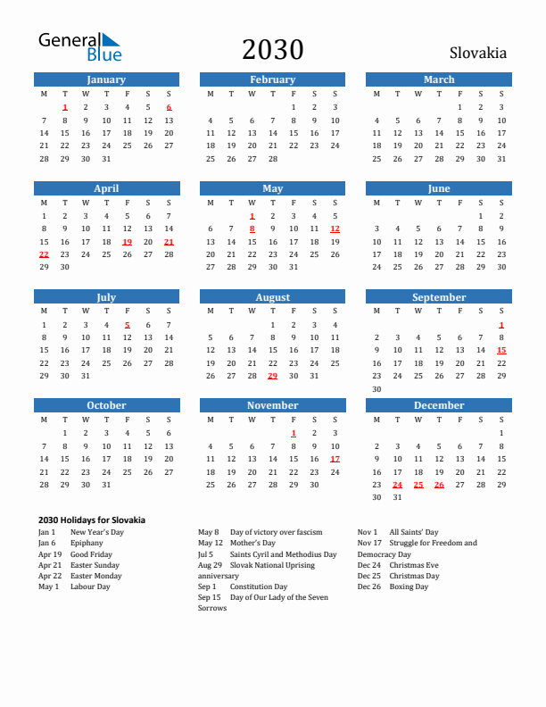 Slovakia 2030 Calendar with Holidays